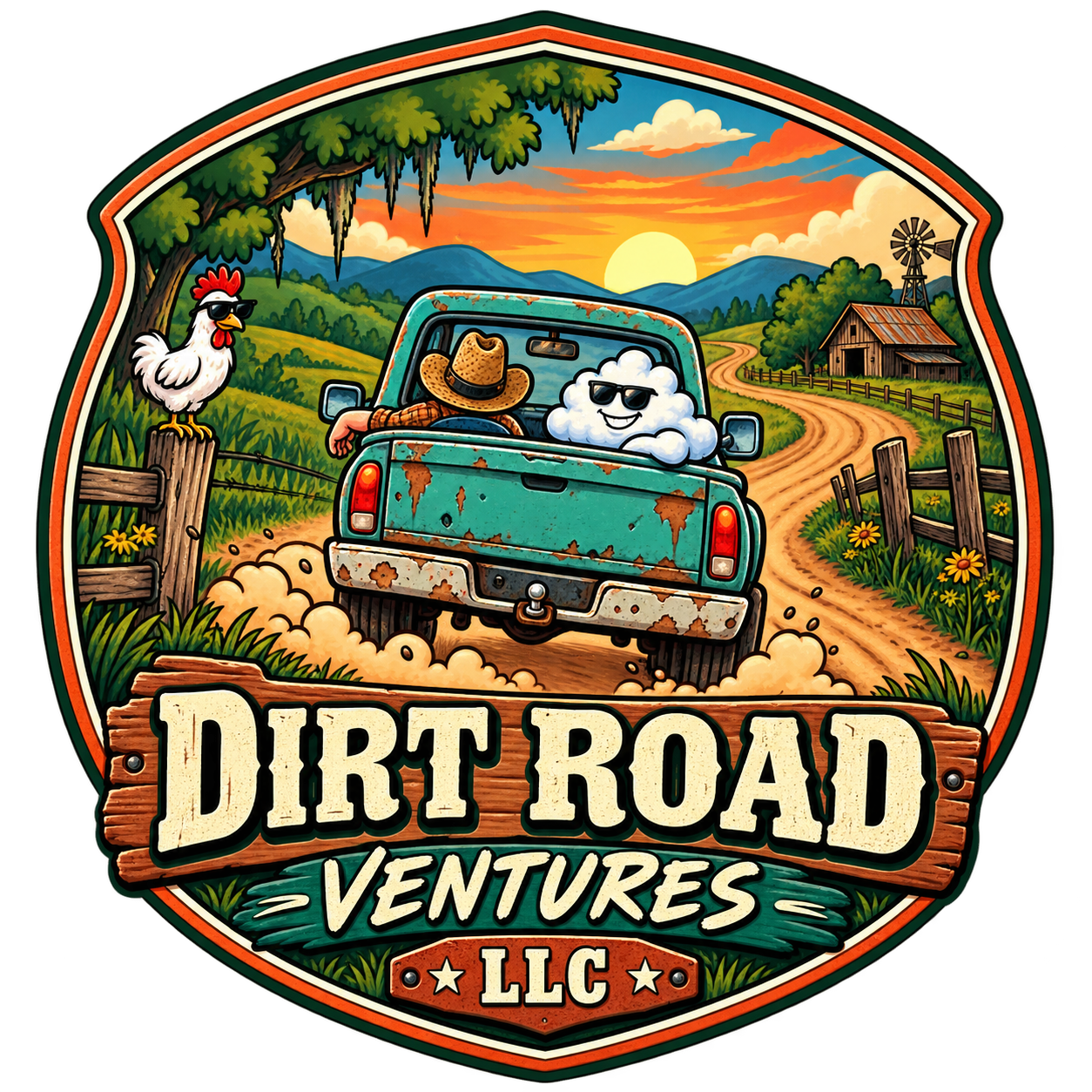 Dirt Road Ventures LLC — cartoon cloud riding in a pickup on a dirt road